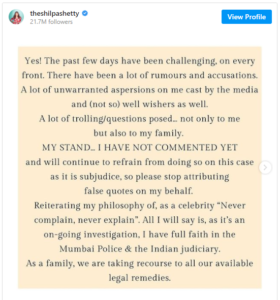 Shilpa Shetty has released her statement